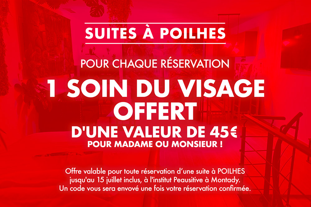 Publicité rouge annonçant une offre: un soin du visage offert d'une valeur de 45€ avec chaque réservation (FR) sur l'institut concernéé.