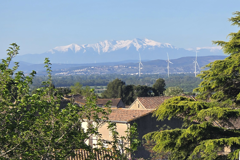 Snowy mountain range visible in distance above a town with wind turbines and green trees in the foreground.