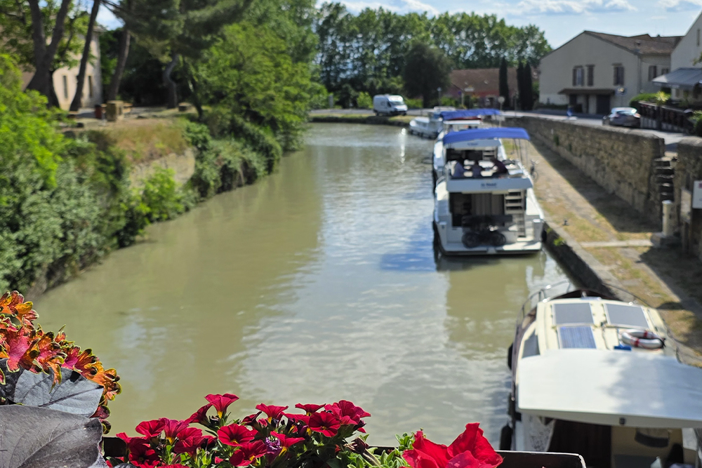 Canal lined with trees and houses, with several moored boats and colorful flowers in the foreground.